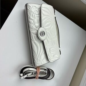 Tory Burch White Embossed Floral Leather Crossbody